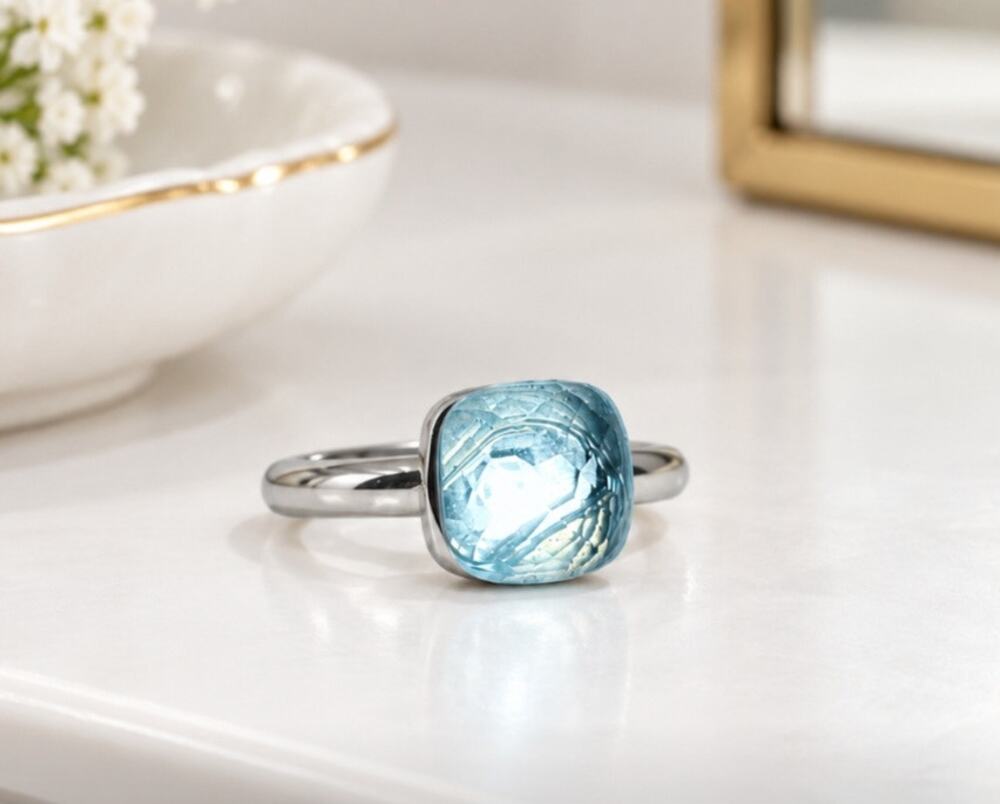 18K Plated White Gold Stainless Steel Light Blue Faceted Stone Ring Size 7